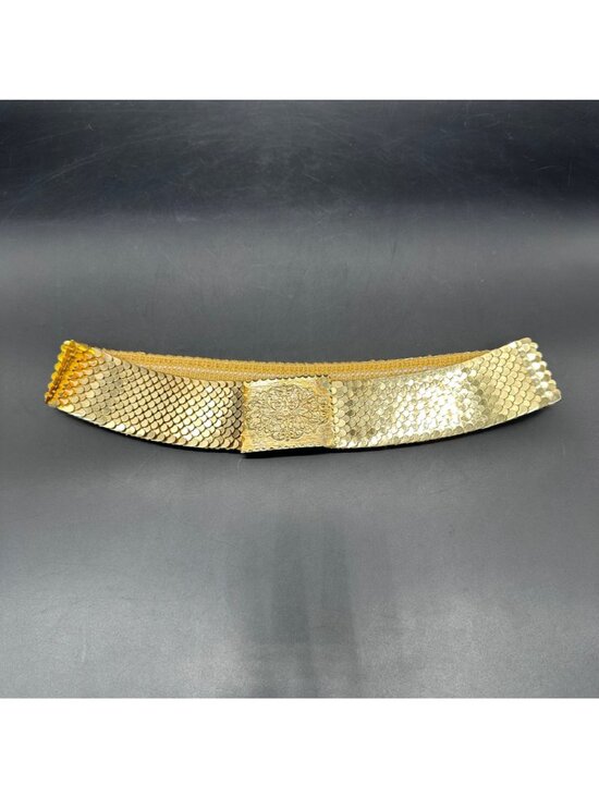 Vintage Gold Belt Fish Scale Metal Stretch 1970s Disco Queen Glamour Elastic